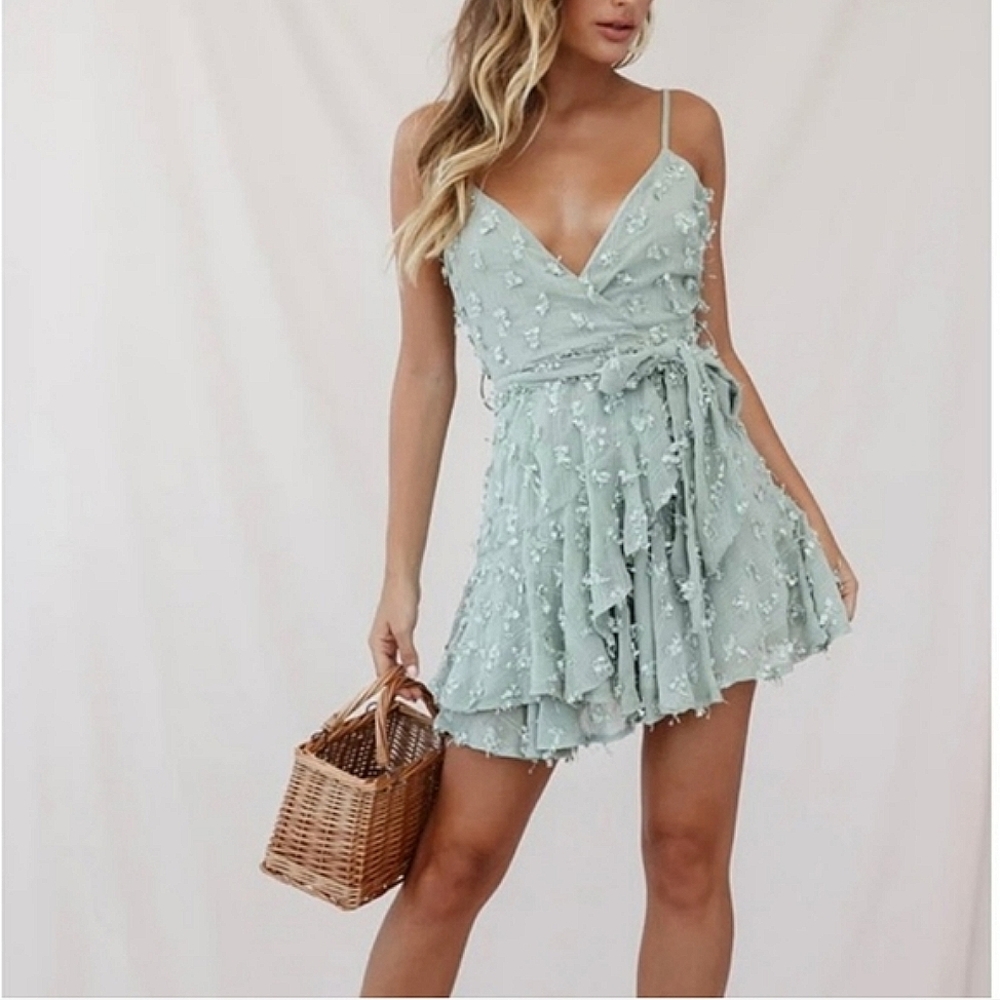 SELFIE LESLIE Sheri Embellished Chiffon Dress Olive Sage Green RUFFLE MINI DRESS